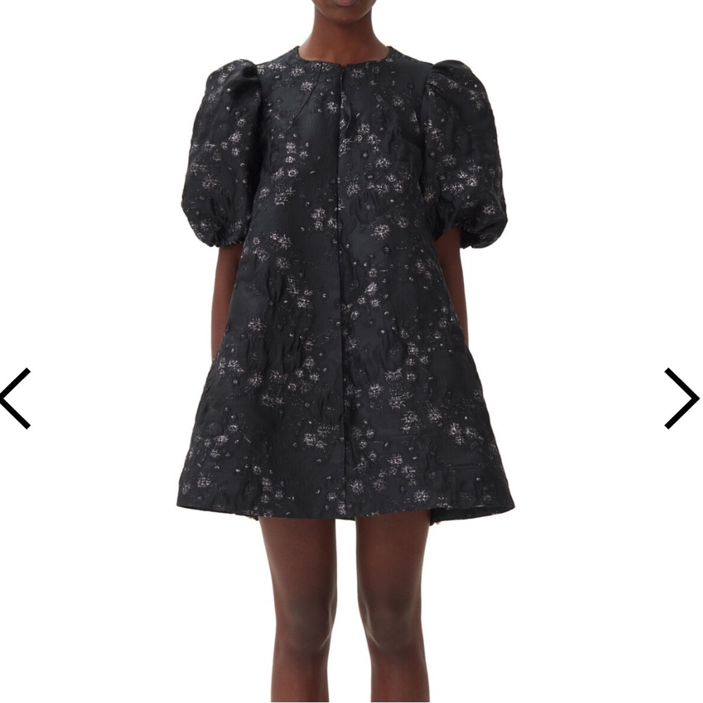 Ganni Black/Silver Floral A-line Mini Dress